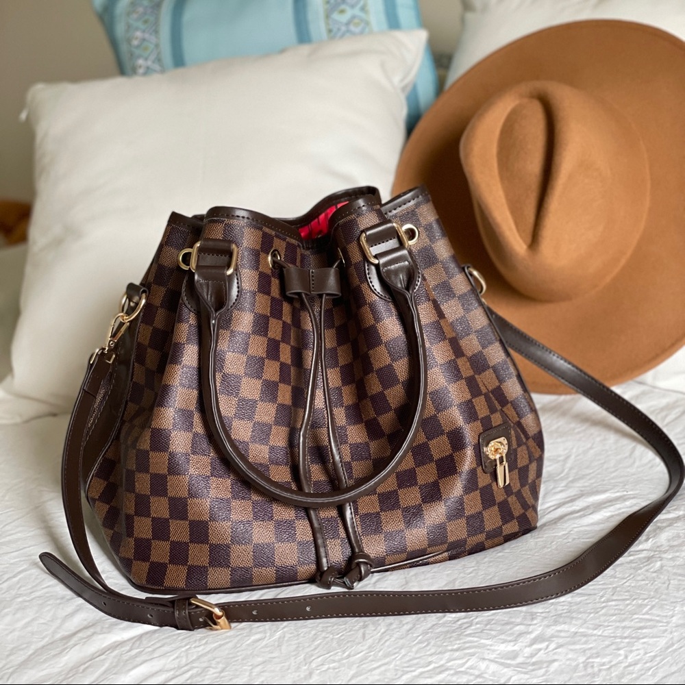 Checkered Brown Tote Handbag